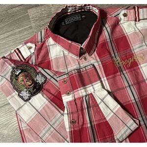 Coogi Men's Red/White Plaid Logo Embroidered Long Sleeve Button-Up Shirt SZ‎ XXL